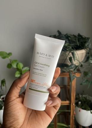 Заспокійливий сонцезахисний крем mary&may cica soothing sun cream spf 50+ pa++++ 50 мл