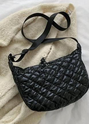 Тренд стьобана чорна нейлонова балоньова жіноча сумка шопер через плече кросбоді2 фото
