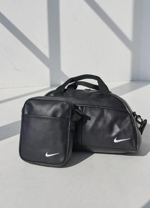 Комплект сумка груша кожзам + борсетка кожзам, nike черный (белые лого)1 фото