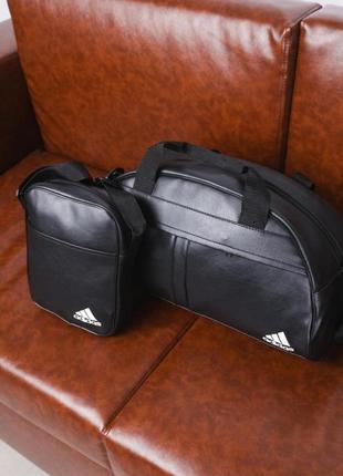 Комплект сумка груша кожзам + борсетка кожзам, adidas черный (белые лого)4 фото