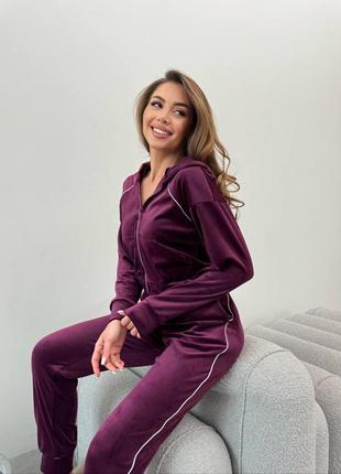 Женский теплый спортивный прогулочный костюм фиолет, велюровый комплект кофта и брюки с полоской7 фото