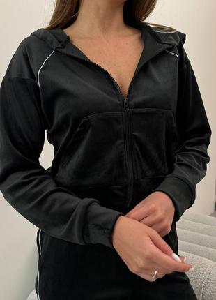 Жіночий теплий чорний спортивний прогулянковий костюм, велюровий комплект кофта і штани зі смужкою3 фото