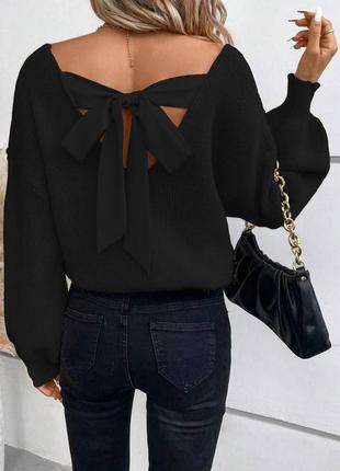 В'язаний светр з ангори глибоким вирізом декольте з довгими рукавами на спині бант стильний базовий теплий кофта чорний бежевий7 фото