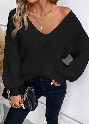 В'язаний светр з ангори глибоким вирізом декольте з довгими рукавами на спині бант стильний базовий теплий кофта чорний бежевий3 фото