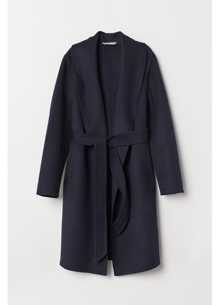 Пальто-халат h&amp;m шерсть 58% шерстяное без подклада размер 8 с темно-синее1 фото