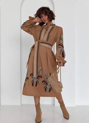 Сукня вишита вишиванка міді довга із поясом жіноча патріотична народна українська символіка довгі рукава