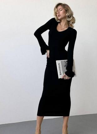Платье миди однонтонное на длинный рукав на завязках качественная стильная базовая черная