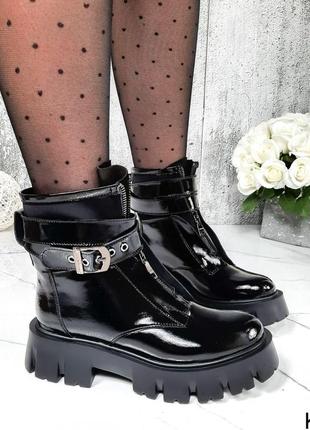 Натуральные кожаные лакированные черные демисезонные и зимние ботинки9 фото
