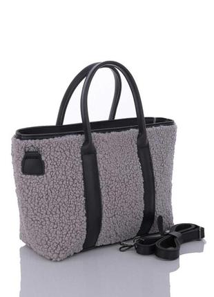 Женская меховая сумка-шопер аманда серая,модная меховая сумка с ручками и плечевым ремнем3 фото