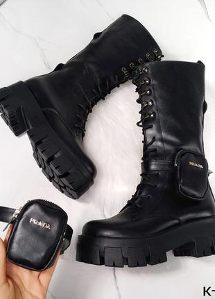 Натуральные кожаные черные демисезонные и зимние сапоги на шнуровке со съемной сумочкой2 фото