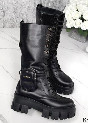 Натуральные кожаные черные демисезонные и зимние сапоги на шнуровке со съемной сумочкой4 фото