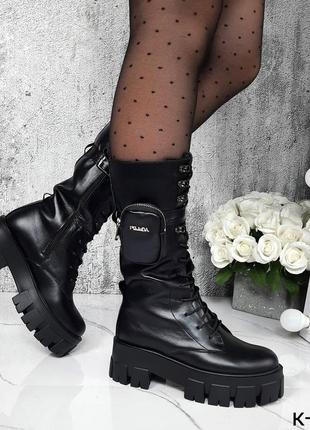 Натуральные кожаные черные демисезонные и зимние сапоги на шнуровке со съемной сумочкой8 фото