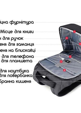 Рюкзак міський tigernu t-b3335 для ноутбука 15.6" з usb  об'єм 20л. світло-сірий3 фото