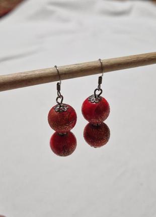 Набір підвіска та сережки кульчики монпас'є handmade червоного кольору з золотыми вкрапленнями біжутерія  чеське скло3 фото