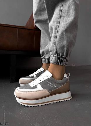 Стильные кроссовки женские бежевые серые замшевые кожаные на каждый день