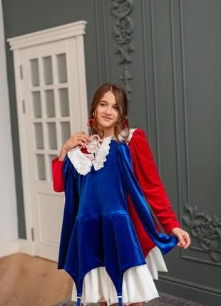 Платье детское, подростковое, бархатное, нарядное, синее с белым5 фото