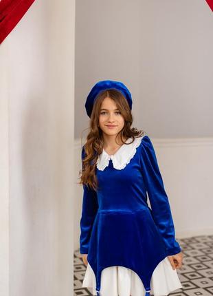 Платье детское, подростковое, бархатное, нарядное, синее с белым9 фото