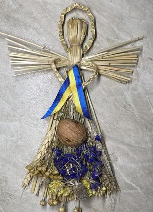Соломяний ангел з сухоцвітами 21 см, соломяна іграшка на ялинку, оберіг на різдво6 фото