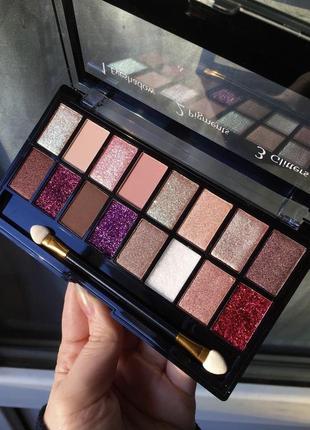 Lcf palette 16 colors for makeup палетка набір тіней блискітки глітер для повік макіяжу обличчя тіні шимерні матові блискучі фіолетові червоні1 фото