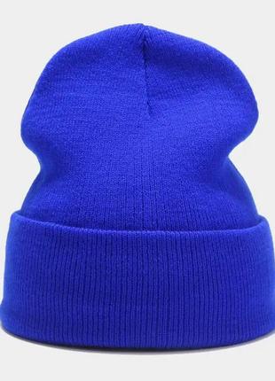 Синяя шапка бини унисекс, шапка с отворотом, fs-2155
