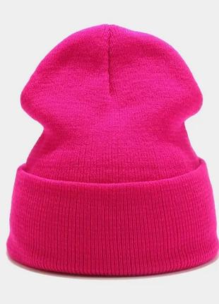Розовая шапка бини унисекс, шапка с отворотом, фуксия fs-2158