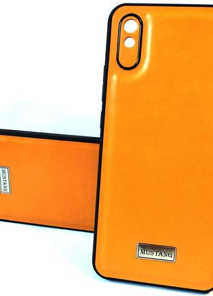 Чехол для xiaomi redmi 9a силиконовая накладка с кожаной фактурой mustang metal logo (оранжевый)