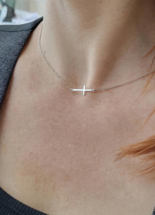 Жіночий ланцюжок срібний кольє чокер без каменів хрест 40 — 45 см срібло 925 проби родоване 86083 2.10г