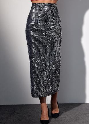 Бархатная юбка-карандаш с пайетками - черный цвет, l (есть размеры)1 фото