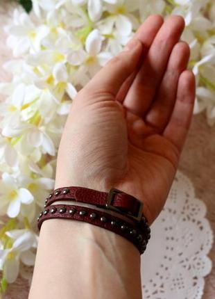 Елегантний шкіряний бордовий браслет подвійна обмотка з заклепками від pilgrim данія7 фото