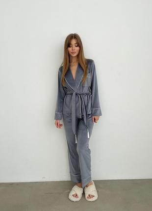 Серый велюровый комплект для дома с поясом, пижама