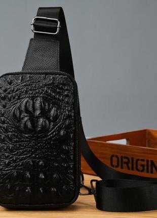 Нагрудная сумка из натуральной кожи, кожаная модная трендовая молодежная мужская сумка  черная1 фото