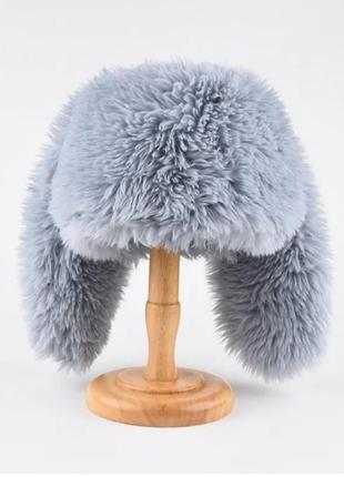 Пухнаста шапка з вушками кролика сіро-блакитний one size 54-57р (1278)