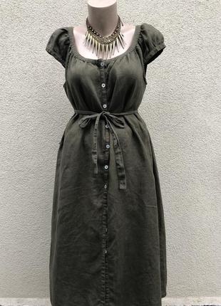 Льняное платье-халат под пояс(хаки),лен 100%,этно бохо стиль,john lewis