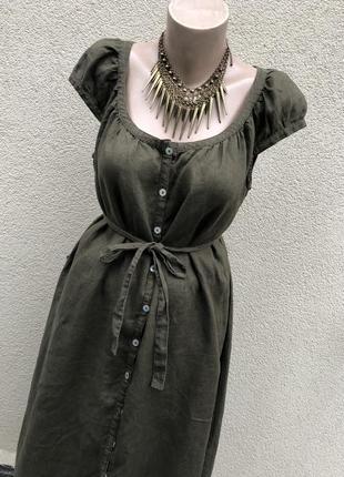 Лляне плаття-халат під пояс(хакі),льон 100%,етно стиль бохо,john lewis6 фото
