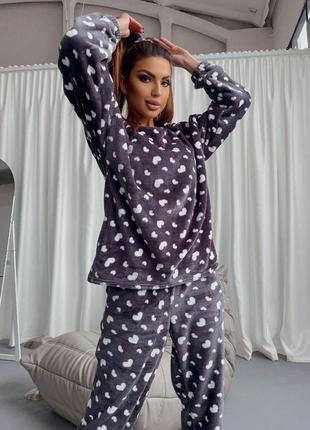 Тепла зимова жіноча модна піжама з махри кофта та штани, піжама на подарунок домашній комплект + гумка2 фото