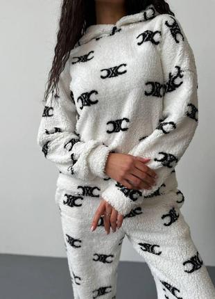 Теплая зимняя женская модная пижама мех тедди кофта штаны мягкая пижама на подарок домашний комплект для сна9 фото