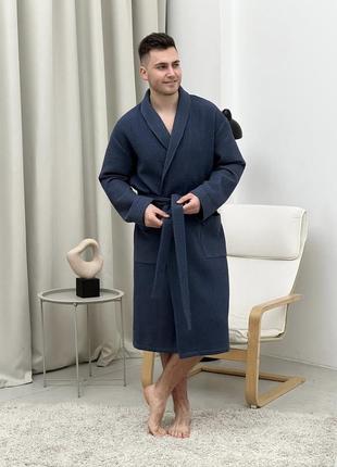 Подарунковий набір для чоловіків халат сапфір шаль+рушник синій2 фото
