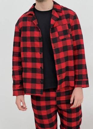 Піжама чоловіча cosy з фланелі (штани+сорочка+футболка чорна) клітина червоно/чорна6 фото