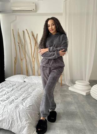 Теплая зимняя женская модная пижама из махры кофта и штаны, пижама на подарок домашний комплект для сна плюш
