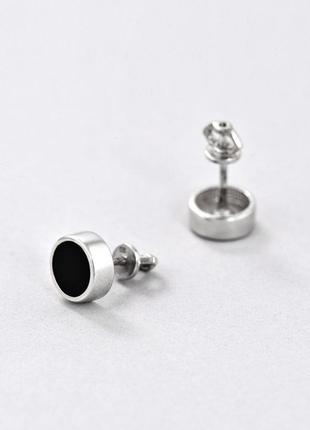 Серебряные серьги грация,  круги с черной эмалью гвоздики, пусеты, 925 проба2 фото
