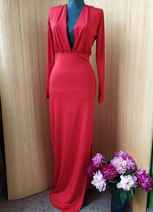 Трикотажне червоне вечірнє плаття / сукня з розрізом / з відкритою спиною /з довгим рукавом