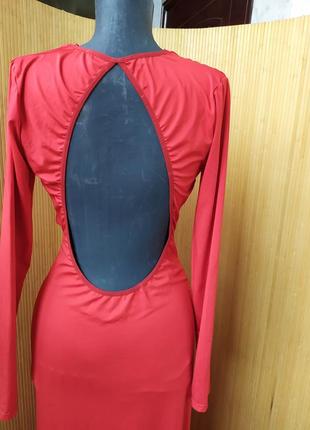 Трикотажное красное вечернее платье / платье с разрезом / с открытой спиной / с длинным рукавом5 фото