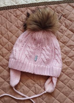 Тепла зимова шапка на флісі lenne 54 для дівчинки у складі шерсть вовна натуральний помпон зав'язки7 фото