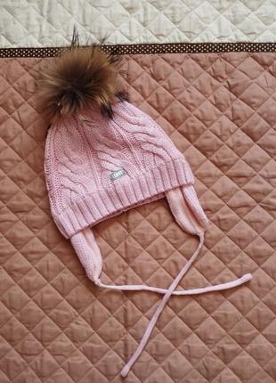 Тепла зимова шапка на флісі lenne 54 для дівчинки у складі шерсть вовна натуральний помпон зав'язки4 фото
