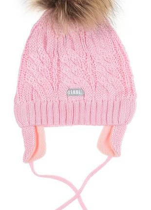 Тепла зимова шапка на флісі lenne 54 для дівчинки у складі шерсть вовна натуральний помпон зав'язки2 фото
