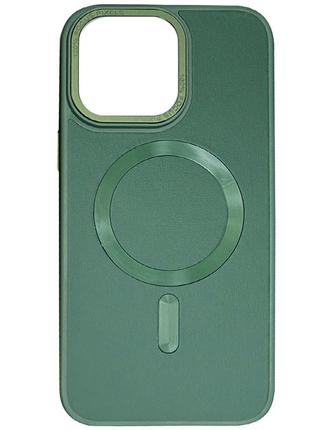 Противоударный кожаный чехол с magsafe на iphone 13 pro max зеленый / чехол на айфон 13 про макс