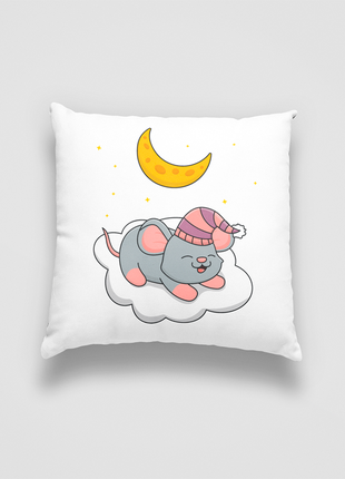 Подушка декоративна з дитячим оригінальним принтом "спляче сіре мишеня на хмарці. sleeping mouse"2 фото