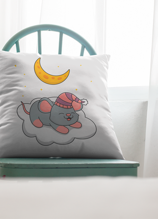 Подушка декоративна з дитячим оригінальним принтом "спляче сіре мишеня на хмарці. sleeping mouse"