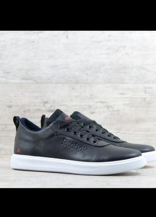 Мужские кожаные кеды/кроссовки reebok черные на белой подошве