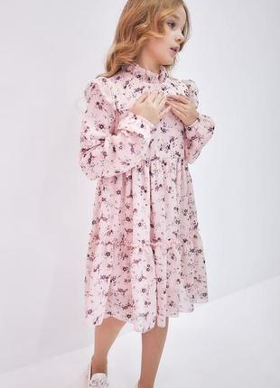 Розовое нежное воздушное шифоновое платье для девочки платье платье праздничное подростковое в цветочный принт с воланами3 фото